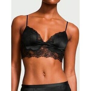 Victoria's Secret | Very Sexy Satin Rose Lace-Trim Bralette Size S In Black